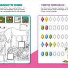 "BILDAUSSCHNITTE FINDEN: Ordne bunte Ausschnitte zu. MUSTER FORTSETZEN: Fortsetze die Edelstein-Farbfolgen." Illustration: Ein Gnom füttert ein Einhorn und ein Einhorn steht neben Edelsteinen.