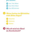 1. Welches Meer ist eigentlich gar keines? a) das Tote Meer b) das Rote Meer c) das Mittelmeer

2. Wovor hatten im Mittelalter viele Ritter Angst? a) Drachen b) Spinnen c) Ratten

3. Wie alt wird ein Pferd im Durchschnitt? a) 10 bis 20 Jahre b) 20 bis 30 Jahre c) 30 bis 40 Jahre

Farbenfrohe Gestaltung mit Fragezeichen-Symbol.