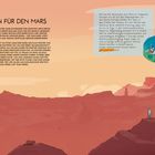 Überschrift: "Üben für den Mars". Beschreibung der Herausforderungen und Umwelt des Mars. Illustration: Zwei Astronauten, Marslandschaft.