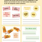 Überschrift: "Satzglieder". Abschnitt über Satzbildung mit Beispielsätzen und Lücken zum Ausfüllen, illustriert mit Eis und Sonne.