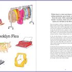 Texte: "Brooklyn Flea" und eine längere Beschreibung rechts. Objekte: Brille, Kleidung, Hut, Schreibmaschine, Sessel, Sparschwein.