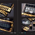 Zwei Gitarrenausschnitte: "GARCIA" auf einem Namensschild. Goldene Hardware, Zebra-Motiv auf einem Korpus.