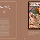 Zwei Seiten mit braunem Hintergrund. Links: Text über Werbung im Stil von Mucha. Rechts: Illustration "Lance Parfum 'Rodo'" einer Frau mit Parfum.