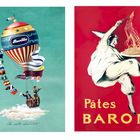 Links: "Barilla", Heißluftballon mit Flaggen. Rechts: "Pâtes Baroni", Figur hebt Teller mit Spaghetti.