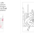 Zitat über die Farbe Pink von Christian Dior. Illustration: Frau in pinkem Kleid mit Dior-Taschen vor Pariser Kulisse.