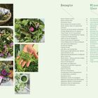 Rezepte, Wissenswertes über Wildkräuter. Bilder von Wildkräutern in Schale, Hand und Mörser. Blumen in Vase.