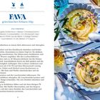 Logo mit "VEGAN" und "GRILL", Titel "FAVA griechischer Erbsen-Dip", Rezept für 4 Portionen. Bild: Zwei Dipschalen mit gelbem Dip.