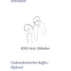 Zwischen Schweizer Bettbezügen: Interlaken. HNO-Arzt: Hälseher. Undemokratischer Kaffee: Illyberal. Skizze von zwei Personen.