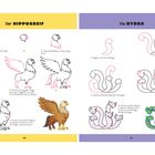 Links: Anleitung zum Zeichnen eines Hippogreifs. Rechts: Anleitung zum Zeichnen einer Hydra mit sechs Schlangenköpfen.
