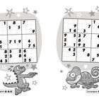 Seite 102, Schwierigkeit ★★★, Seite 103, Schwierigkeit ★★★, zwei Sudoku-Rätsel mit Cartoon-Krokodil und Chamäleon.