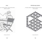 Links: „Leser“ und ein Mann im Stuhl mit Zeitung. Rechts: „Würfelförmiges Gebilde“, komplexe Würfelanordnung.