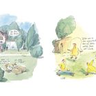 "Familie Meier Frau Steinis. Haben wir schon wieder eine Anwendung? Wir stellen uns schlafend! Früher war es eher unwahrscheinlich, dass ein Huhn achtzig Jahre alt wurde. Damals haben die Leute halt noch Fleisch gegessen." Illustration zeigt Hühner bei einem Haus und auf einer Wiese mit Gerätschaften.