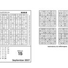 Kalenderblatt mit Sudoku-Rätseln. Große Zahl: Mittwoch 15, September 2027. Enthält mehrere Sudokus und Lösungshinweis.