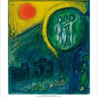 Gemälde mit drei tanzenden Figuren im grünen Kreis, gelbem Hintergrund, roter Sonne und Menschen neben Blumen im Vordergrund.