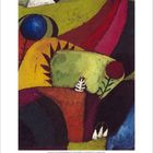 Kalenderseite mit einer Illustration. Formen und Farben: Blau, Gelb, Rot, Grün in abstrakter Komposition, schwarze Akzente.