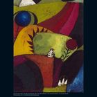 Kalender für März 2027, Kunstdruck eines abstrakten Gemäldes mit lebendigen Farben und geometrischen Formen.