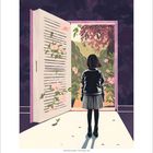 Illustration. Eine Person steht vor einem aufgeschlagenen Buch, das sich in einen blühenden Garten öffnet.