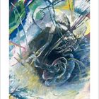 Kalenderblatt: März 2021, Tage hervorgehoben: 7, 14, 21, 26, 28. Abstraktes Gemälde in lebendigen Farben.