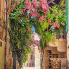 Kalenderseite März 2027. Eine enge, gepflasterte Gasse mit überhängenden, blühenden Bougainvillea-Pflanzen.
