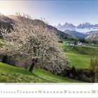 Kalendermonat März 2023. Blühender Baum auf grüner Wiese, umgeben von Bergen im Sonnenaufgang.