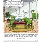 Zwei Krokodile, Frühstückstisch, Sprechblasen: „Zum Frühstück gibt’s Erwache-und-lache-Tee..." / „Super!“ – März 2027 Kalender.