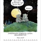 Zwei Elefanten auf Hügel: "Was steht als Nächstes auf deinem Plan?" "Küssen!" Kalender für März 2027, Titel: "Jungfrauen..."