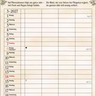 Kalenderblatt März 2027. Sprüche über März: "Märzendonner" und "Wind von Ostern". Illustration: Bauern im Garten.