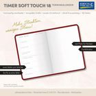 Timer Soft Touch 18 Terminkalender. Mehr Struktur, weniger Stress! Offenes Buch, linke Seite Kalendereinteilung, rechts punktraster.