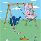 März 2021. Kalender. Ein blauer Elefant und ein rosa Hase auf einer Schaukel im Freien mit Blumen und Wolken.