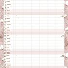 Kalender für März 2027, Wochenübersicht, Pastellblumenrahmen oben und seitlich, leere Notizenfelder unten.