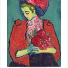 Kalender mit März-Datum. Gemälde von Frau in rotem Mantel und Hut, hält Blumen vor grünem Hintergrund.