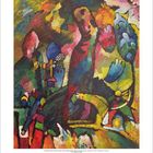 Kalenderseite: März 2024, Illustration: Buntes abstraktes Gemälde, lebendige Farben, dynamische Formen.