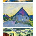 Max Pechstein. Drei Gemälde übereinander: Sonnenuntergang, Haus mit Strohdach, Fluss mit Reflexionen. März 2017 Kalenderblatt.