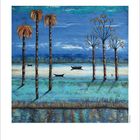 Monatskalender März. Gemälde mit Fluss, Palmen, Booten und Bäumen vor blauem Himmel.