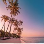 Kalender: März. Strand mit hohen Palmen, ruhiges Meer, sanfter rosa und blauer Himmel.