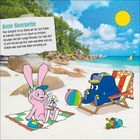 Der Text beschreibt Anse Georgette, einen ruhigen Strand auf Praslin. Illustration eines Hasen und Elefanten am Strand.