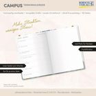 "Campus Terminkalender" oben, "Mehr Struktur, weniger Stress!" daneben offener Kalender, Notizseite mit Punktliniertur.