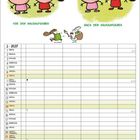 "Vor den Hausaufgaben" links, "Nach den Hausaufgaben" rechts. Illustration: Zwei Kinder, einmal grimmig, einmal fröhlich.