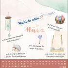 "Mach's dir schön im März" mit Kalender. Illustrationen zeigen ein Klangspiel, Ostereier, Igel, Blume und Schaukel.