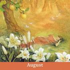 August Kalender. Illustration: Frau in rotem Kleid ruht unter Apfelbaum, umgeben von Lilien in warmem, goldenen Licht.