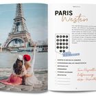Text: Paris Westen. Erlebnishighlights. Shoppen in der Rue du Commerce. Bild: Zwei Frauen am Fluss vor dem Eiffelturm.
