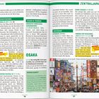 Text auf Deutsch: "Wenn es dir gelingt, dich durch diese Öffnung zu zwängen, dann ist dir Erleuchtung garantiert". "Ausblick im Abendrot". "OSAKA". Rest sind Texte über Sehenswürdigkeiten und Essen in Osaka. Farbiges Foto zeigt belebte Straße mit vielen bunten Reklametafeln.