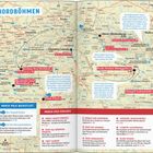 Text: "Nordböhmen", "Karlovy Vary (Karlsbad)", "Hradec Králové (Königgrätz)", "Marco Polo Highlights", "Bucketlist". 
Illustration: Landkarte mit Städtenamen, Sehenswürdigkeiten und Routen. Meist in tschechischer und deutscher Sprache.