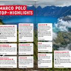 Text: "MARCO POLO TOP-HIGHLIGHTS". Verschiedene Reiseziele mit Tipps, in einer zweispaltigen Liste. Hintergrund: Berge und Nebel.