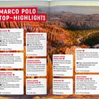 "MARCO POLO TOP-HIGHLIGHTS" vor einer atemberaubenden Felslandschaft, die im Sonnenlicht erstrahlt.