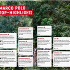 "MARCO POLO TOP-HIGHLIGHTS" in Rot auf Weiß, umgeben von dichtem, grünem Dschungel. Texthinweise auf Sehenswürdigkeiten.