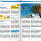 Texte enthalten Schlagwörter und Empfehlungen zu Sehenswürdigkeiten, Restaurants und Shops in Firá. Enthält zudem ein Foto mit Palmen und einer modernen Skulptur vor einem weißen Gebäude.