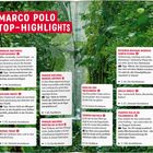 „MARCO POLO TOP-HIGHLIGHTS“ in Weiß auf rotem Hintergrund. Naturdschungel mit Textblöcken über Reiseziele.