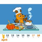 "April 12 Mo 13 Di 14 Mi 15 Do 16 Fr 17 Sa 18 So. Eine Maus in Kochkleidung kocht Suppe mit Kürbis und Gemüse."