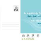 "Es zog durchs Fenster ... Nun, man schloss es ... Nun zog es nicht mehr ... Man genoss es." Rechts Kalenderblatt.